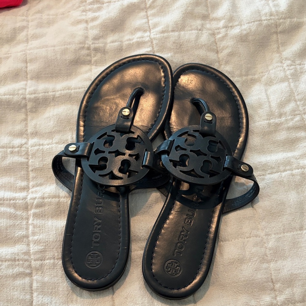 Tory Burch Black Leather Logo Miller Sandals with Embossed Insole